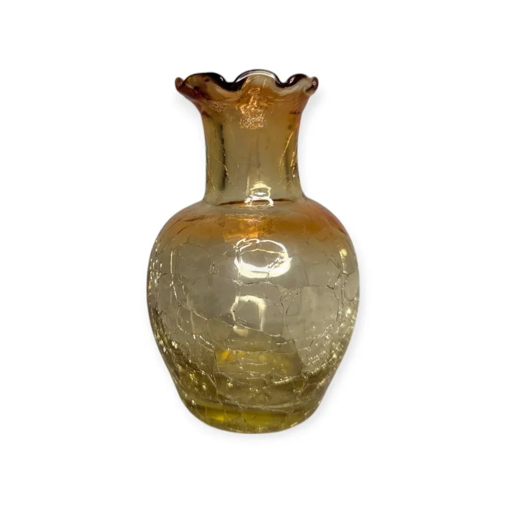 Pilgrim Honey Amber Crackle Glass Vase w/Applied Handle Ruffled Rim 4